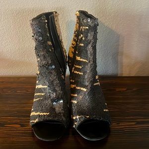 Enzo Angiolini Black and Gold Sequin Peep Toe Ankle Booties